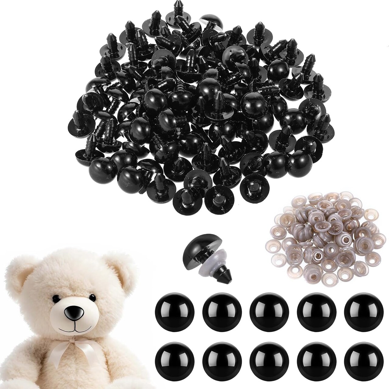 100PCS 15mm Black Safety Eyes with Washers for Crocheting, Amigurumi, Plush Dolls, and Stuffed Animals